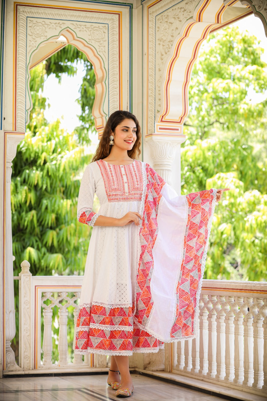 White and Red Anarkali Schiflli Kurta Dupatta Sets