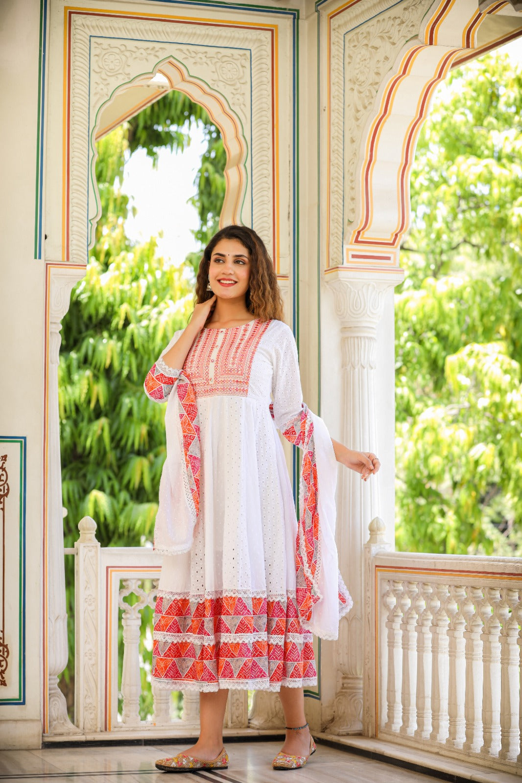 White and Red Anarkali Schiflli Kurta Dupatta Sets