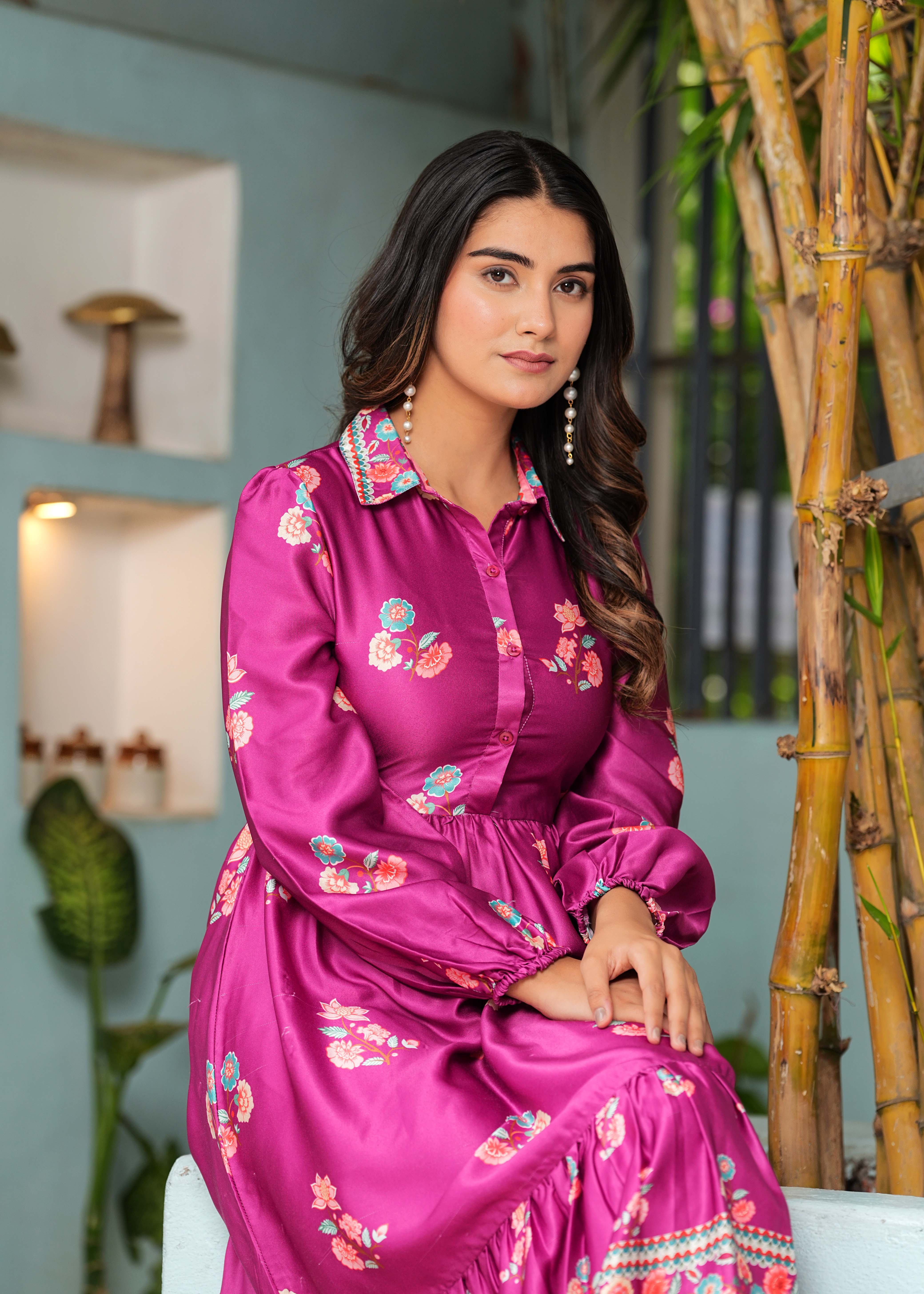 Hatheli's Women Printed Purple Flared Dress Hatheli's Women Printed Purple Flared Dress
