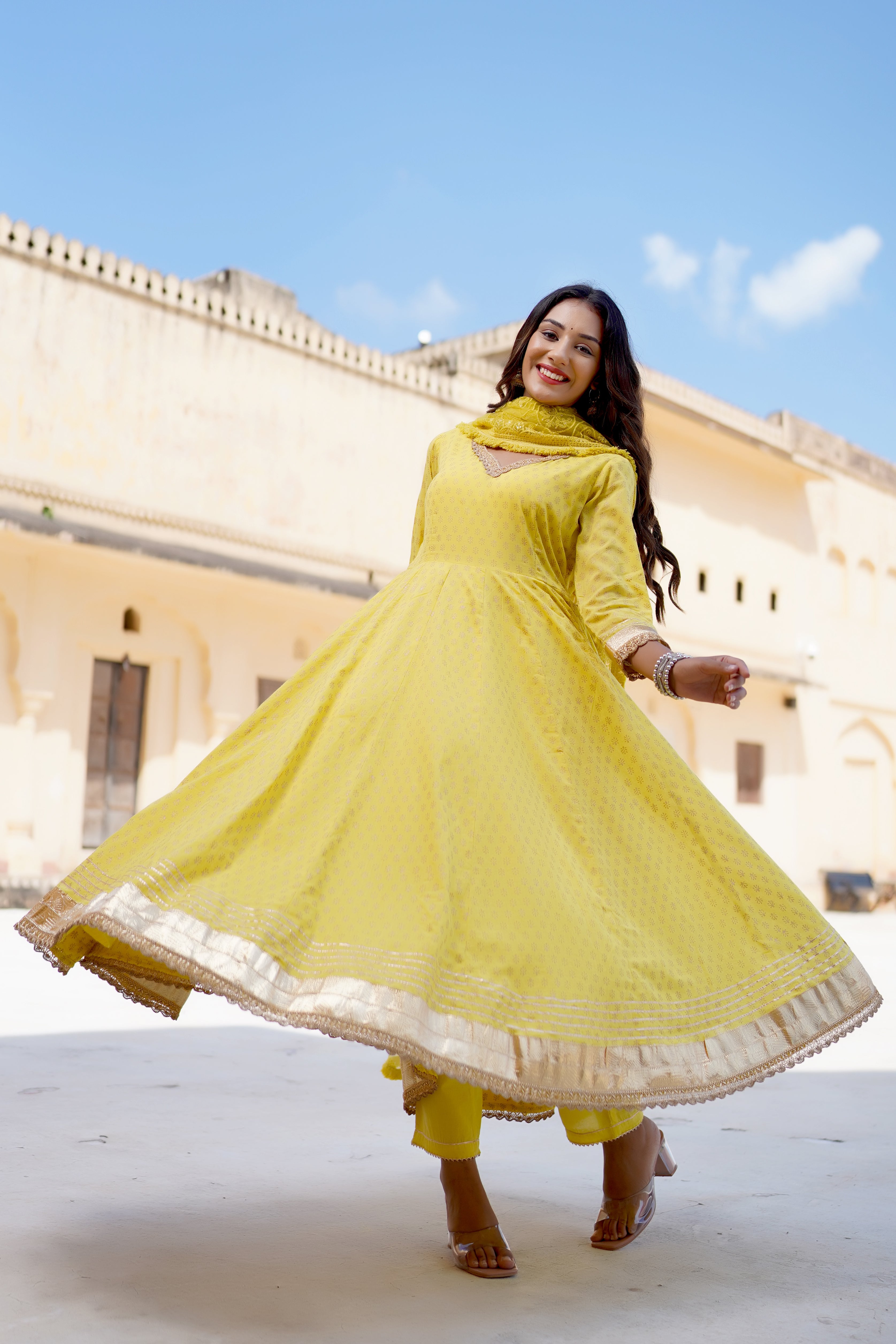 Golden Bronze Lama Plain Gown With Dupatta - PinkSaree