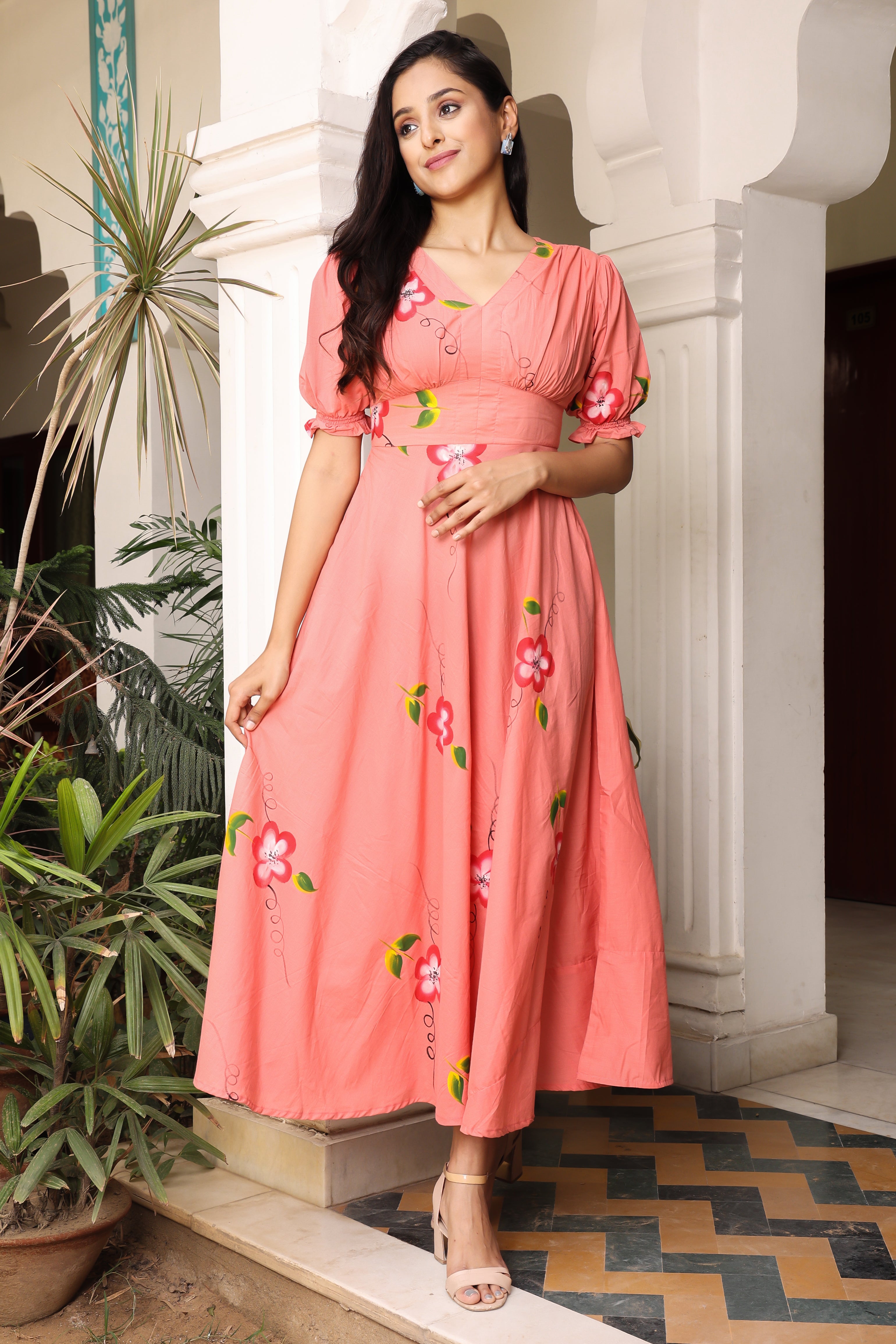Burnt Peach Hand Painted Flared Cotton Dress Hatheli Burnt Peach Hand Painted Flared Cotton Dress Hatheli