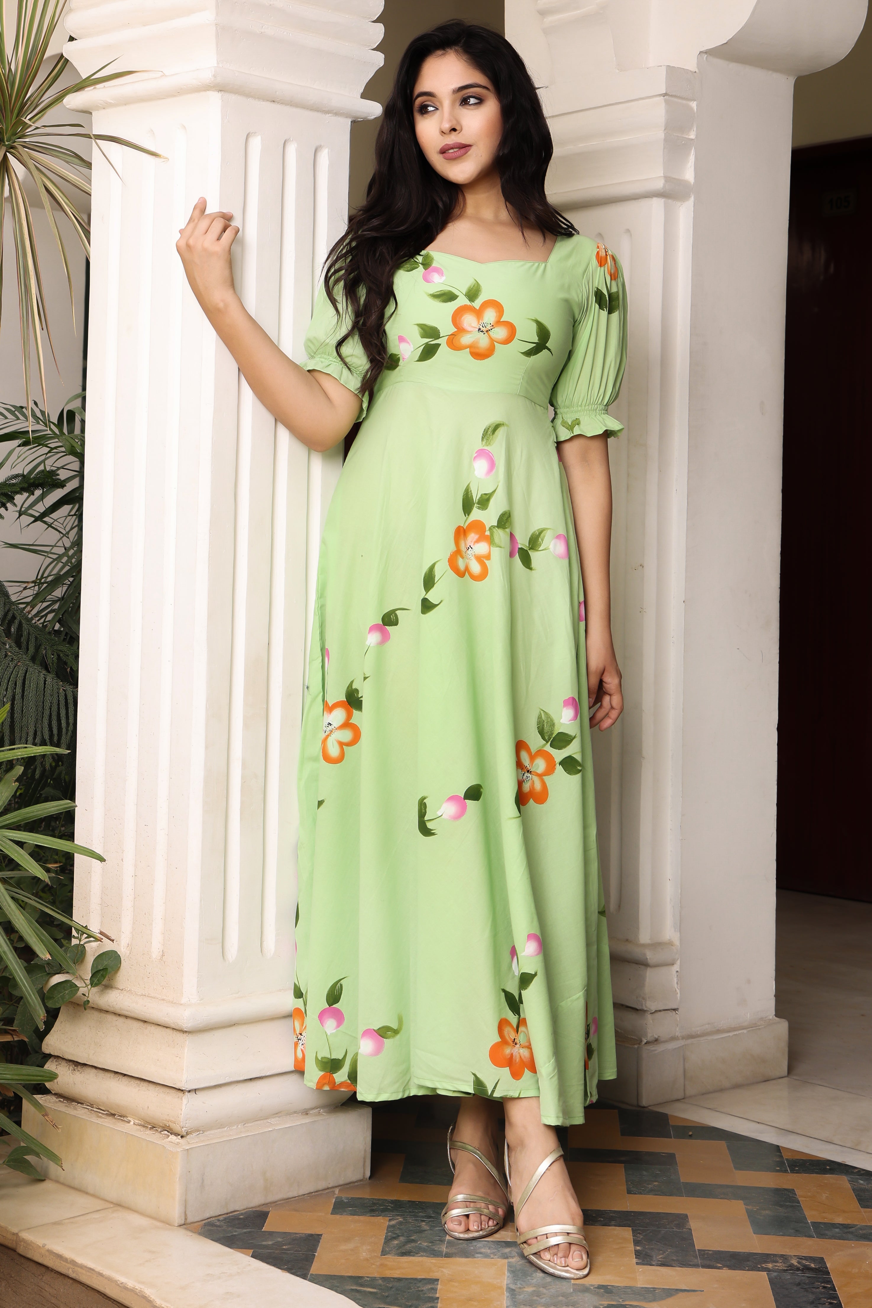 Mint Green Hand Painted Flared Cotton Dress – Hatheli