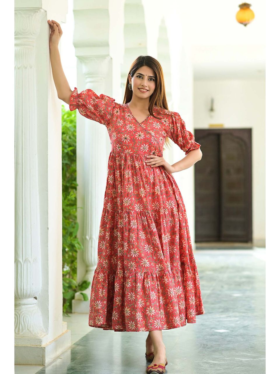 Desirable Red Tiered Anarkali Cotton Dress Hatheli Desirable Red Tiered Anarkali Cotton Dress Hatheli