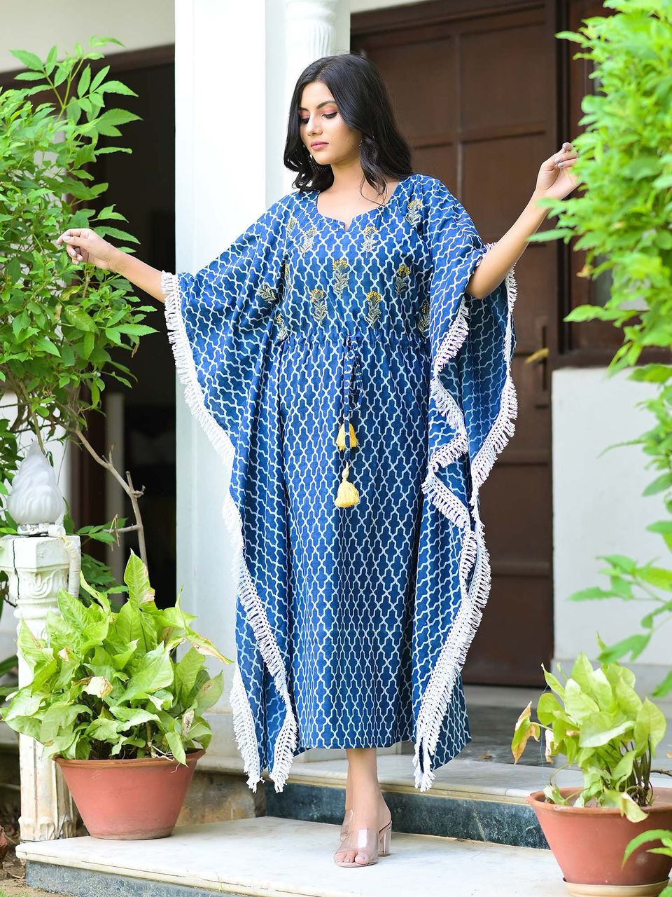 Indigo Trellis Embroidered Cotton Kaftan Dress Hatheli Indigo Trellis Embroidered Cotton Kaftan Dress Hatheli