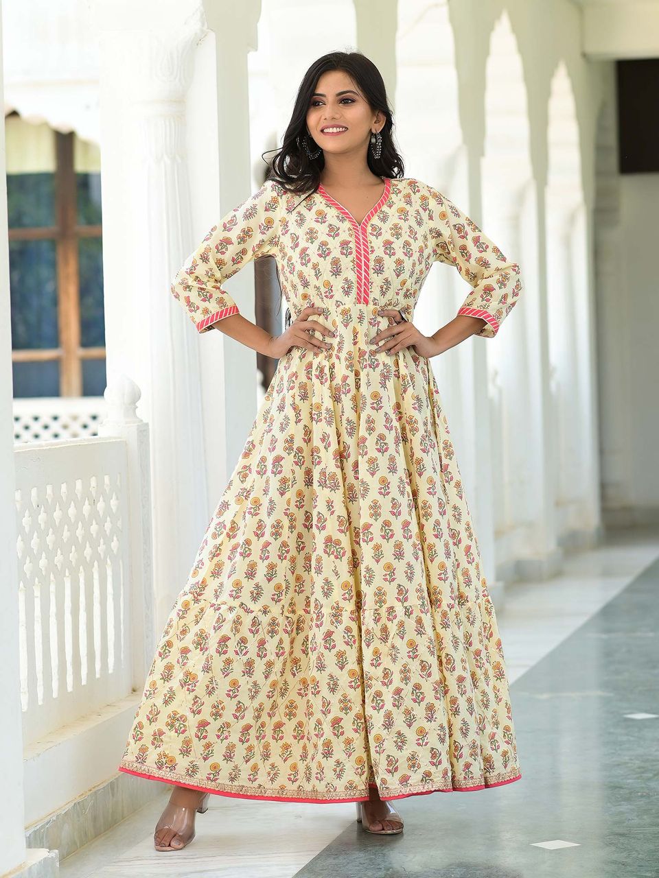 Floral Tiered Cotton Anarkali Dress Hatheli Floral Tiered Cotton Anarkali Dress Hatheli