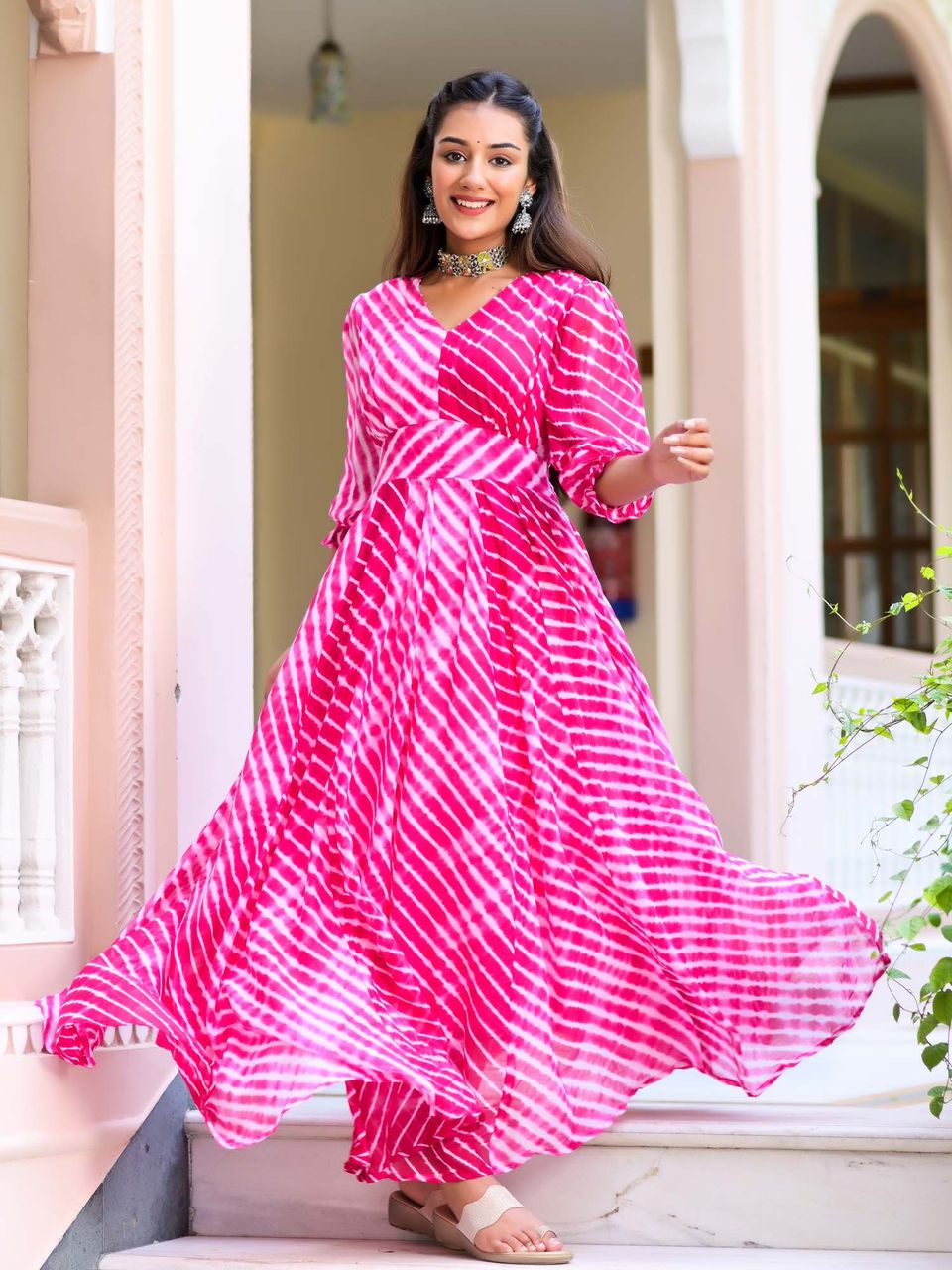 Hand Made Lehariya Flared Dress Hatheli Hand Made Lehariya Flared Dress Hatheli