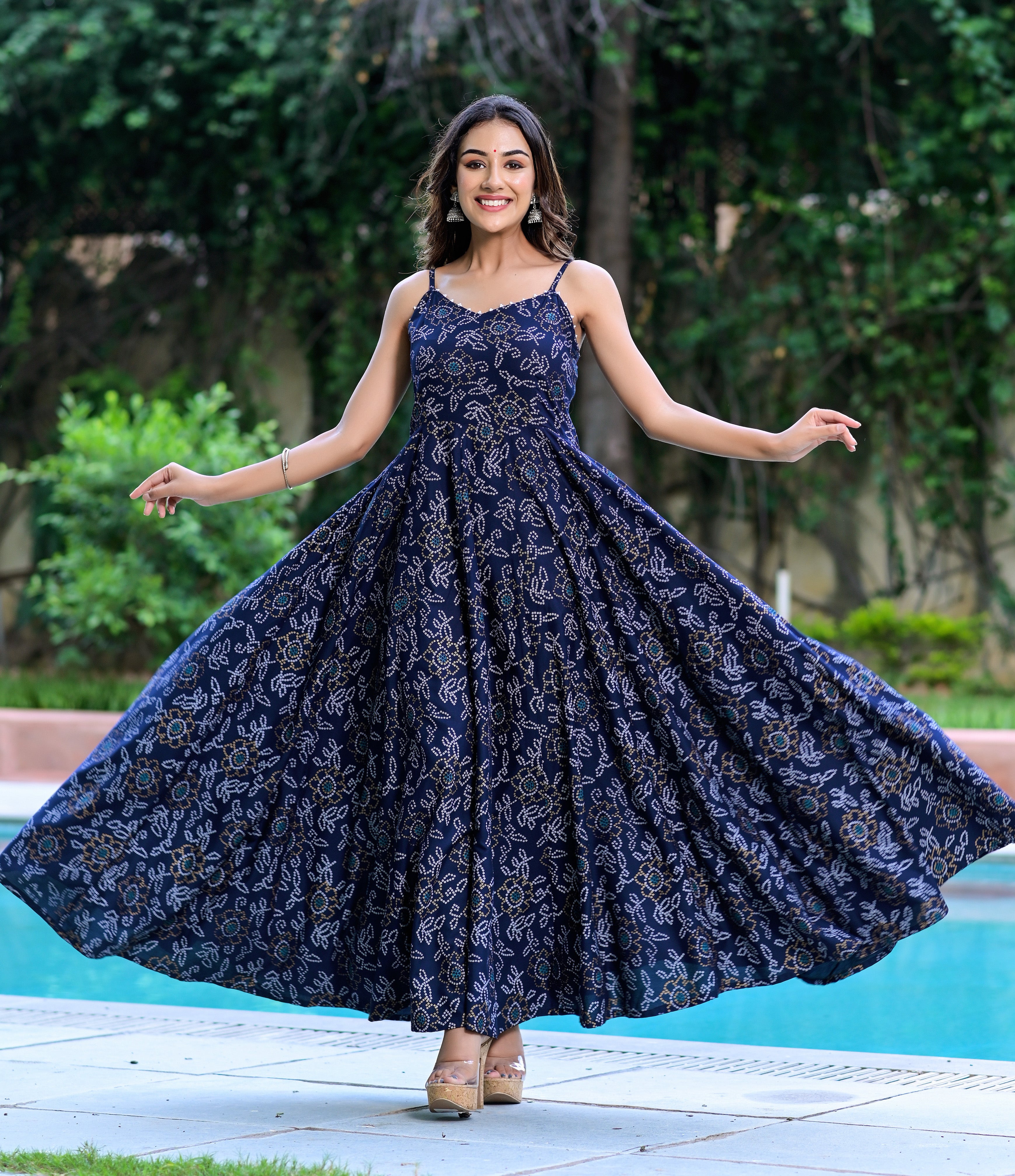 Navy Blue Bandhani Flared Dress – Hatheli