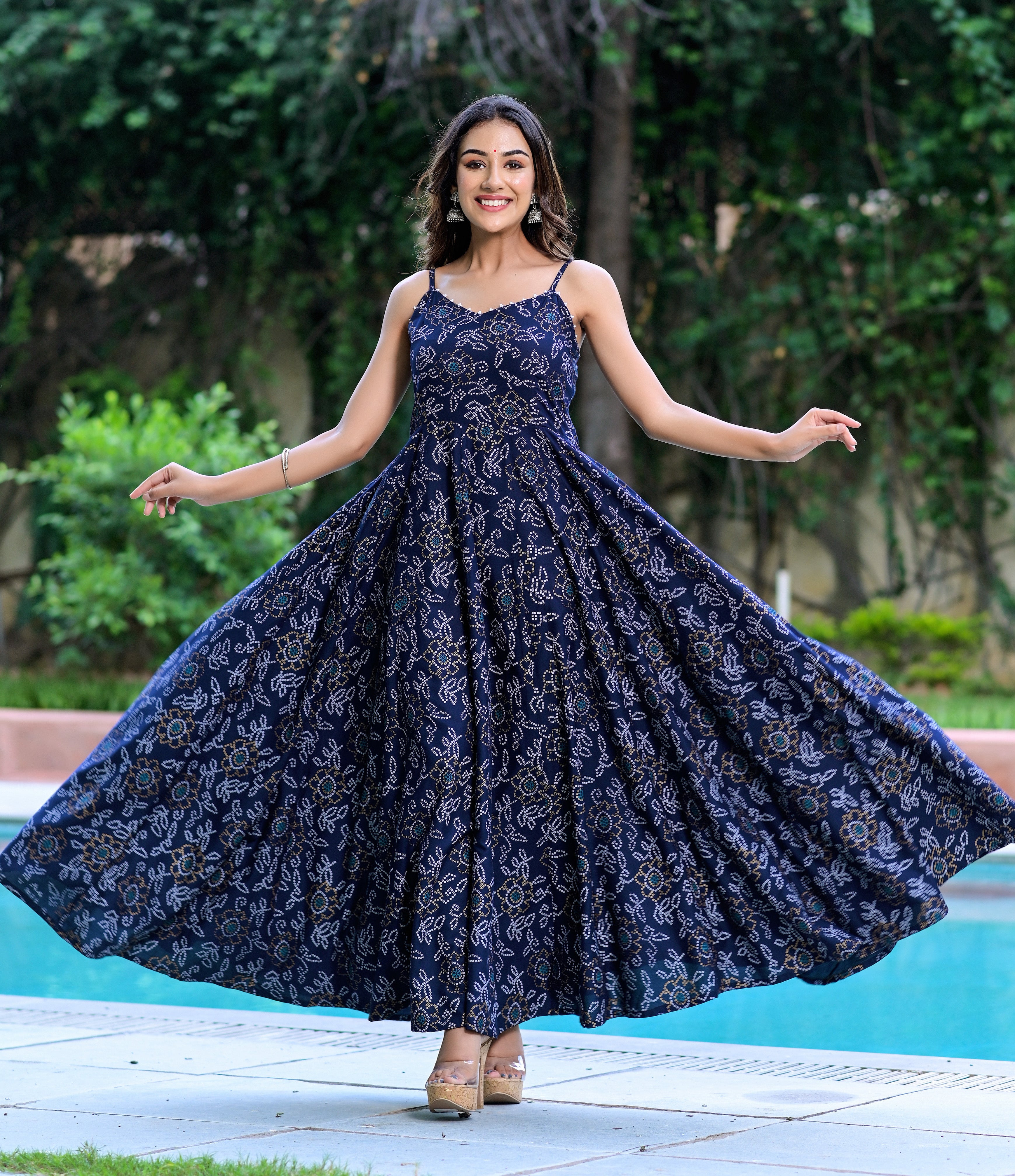 Navy Blue Bandhani Flared Dress Hatheli Navy Blue Bandhani Flared Dress Hatheli