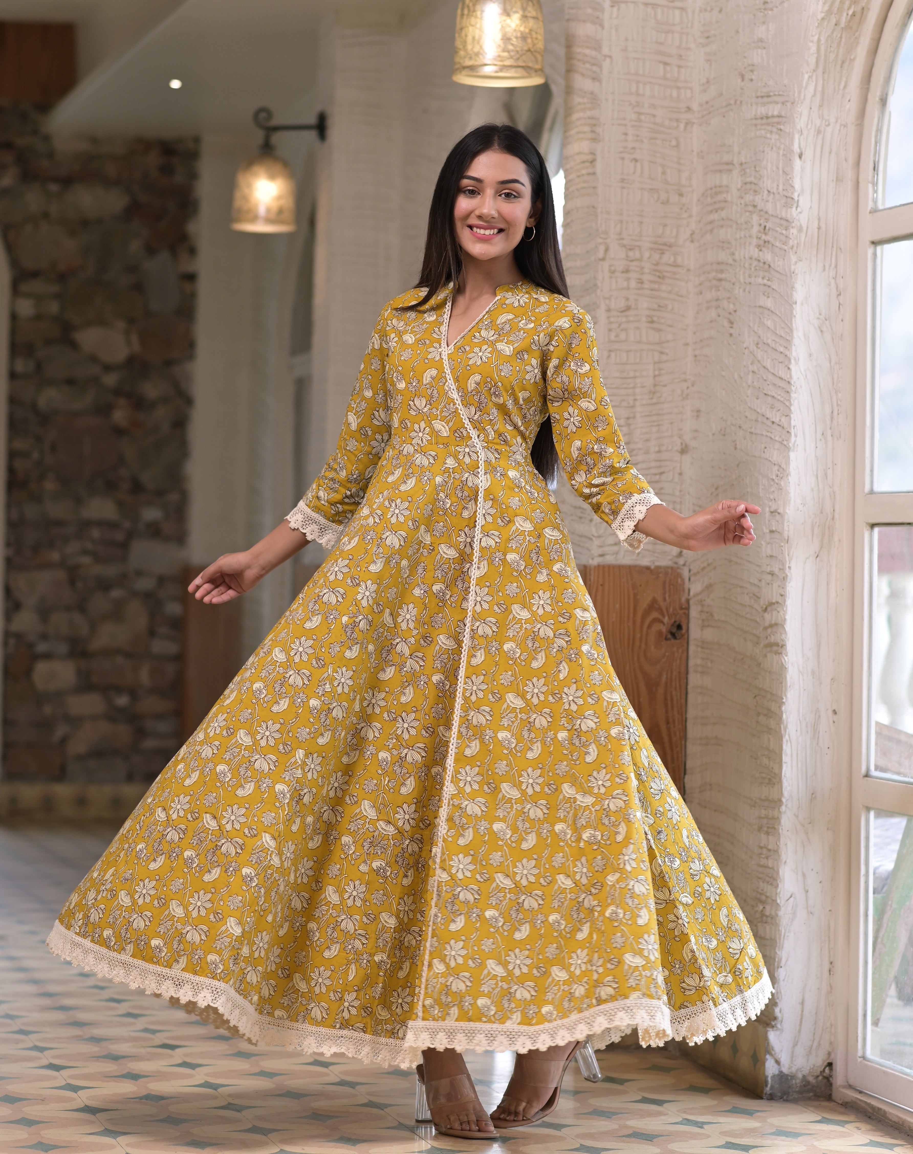 Mustard Printed Flared Dress – Hatheli - Main Image