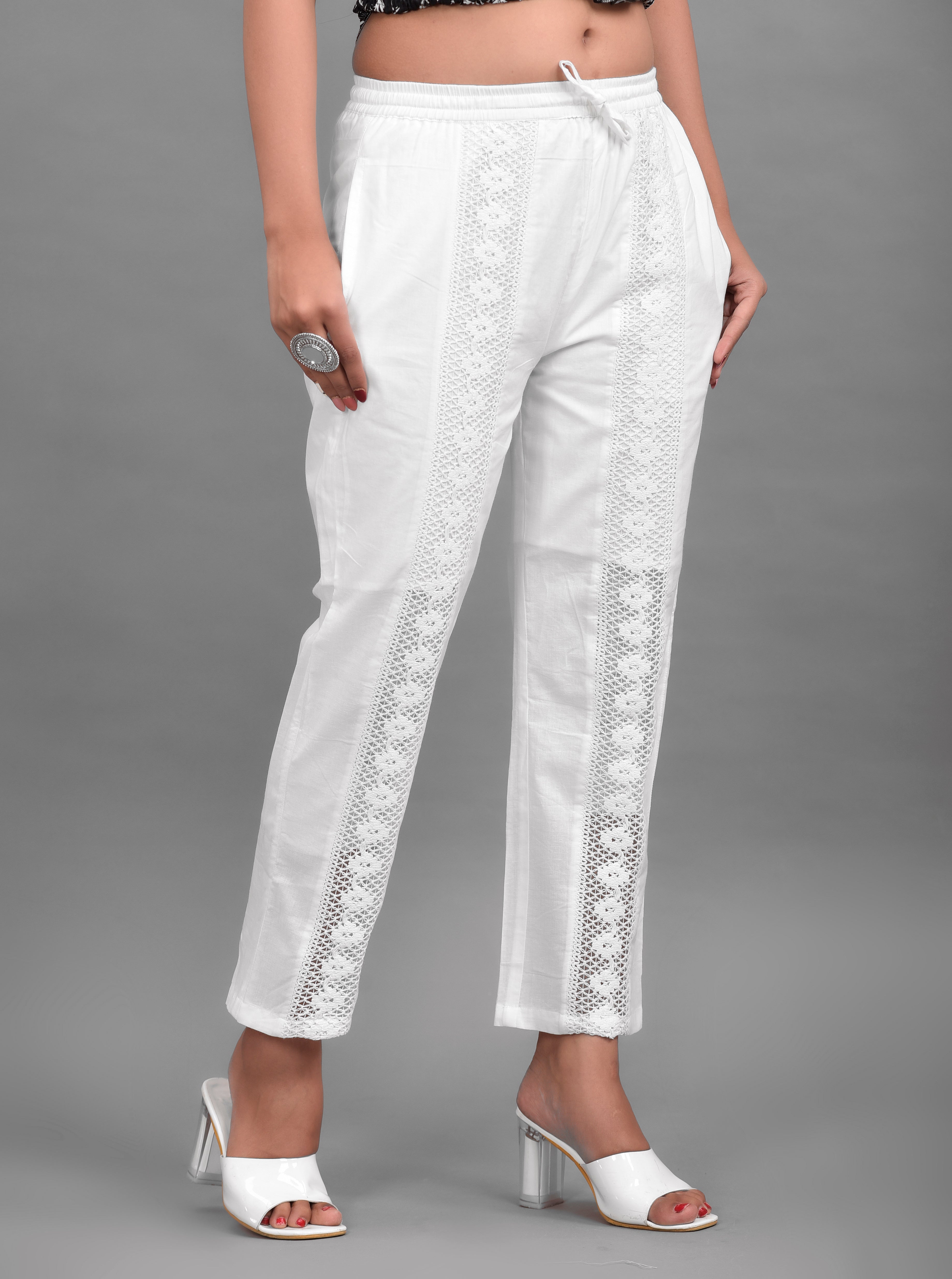 Buy online White Solid Relaxed Fit Straight Laced Hem Palazzo from bottom  wear for Women by Valles365 By S.c. for ₹700 at 65% off