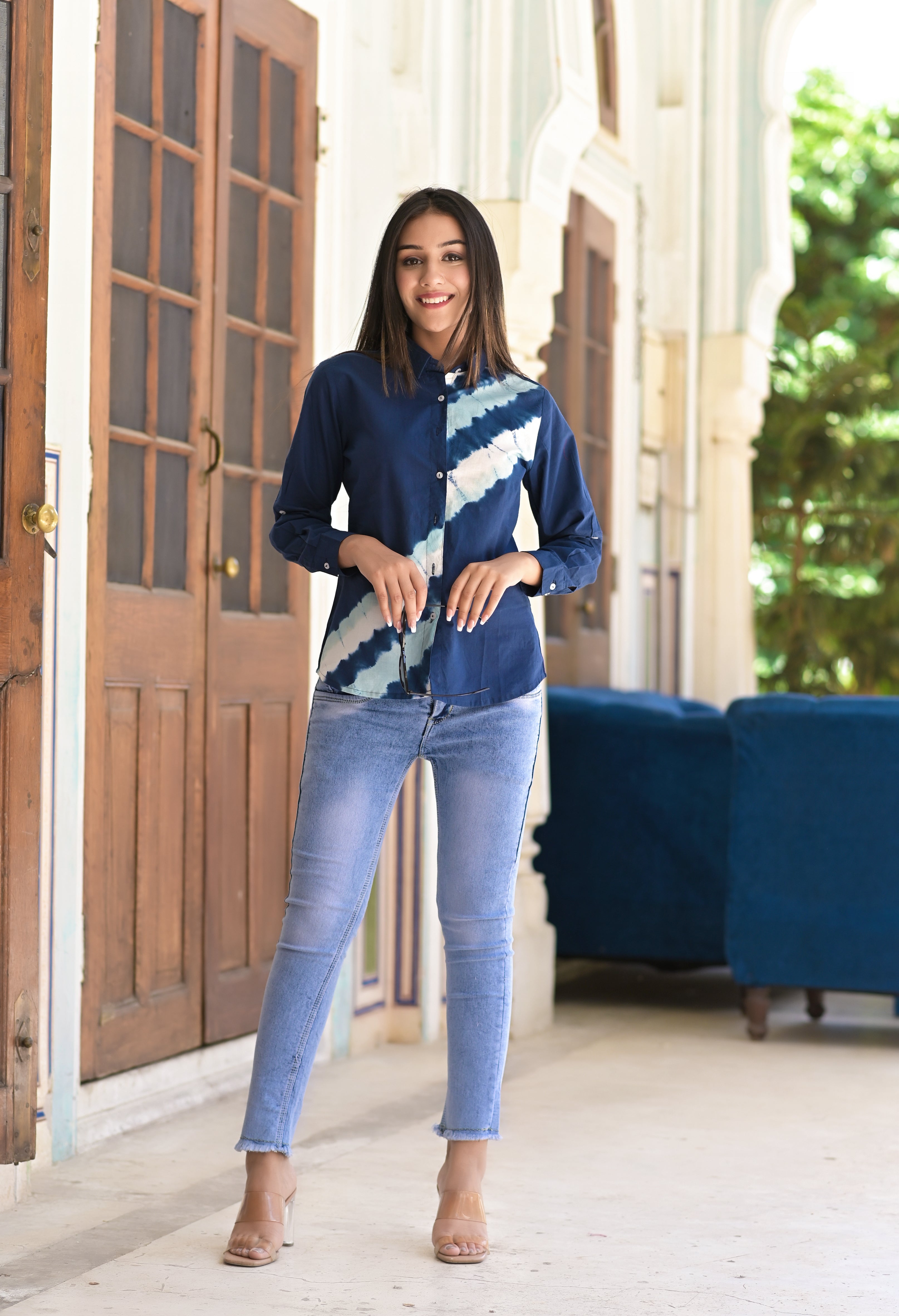 Blue Diagonal Tie Dye Cotton Shirt