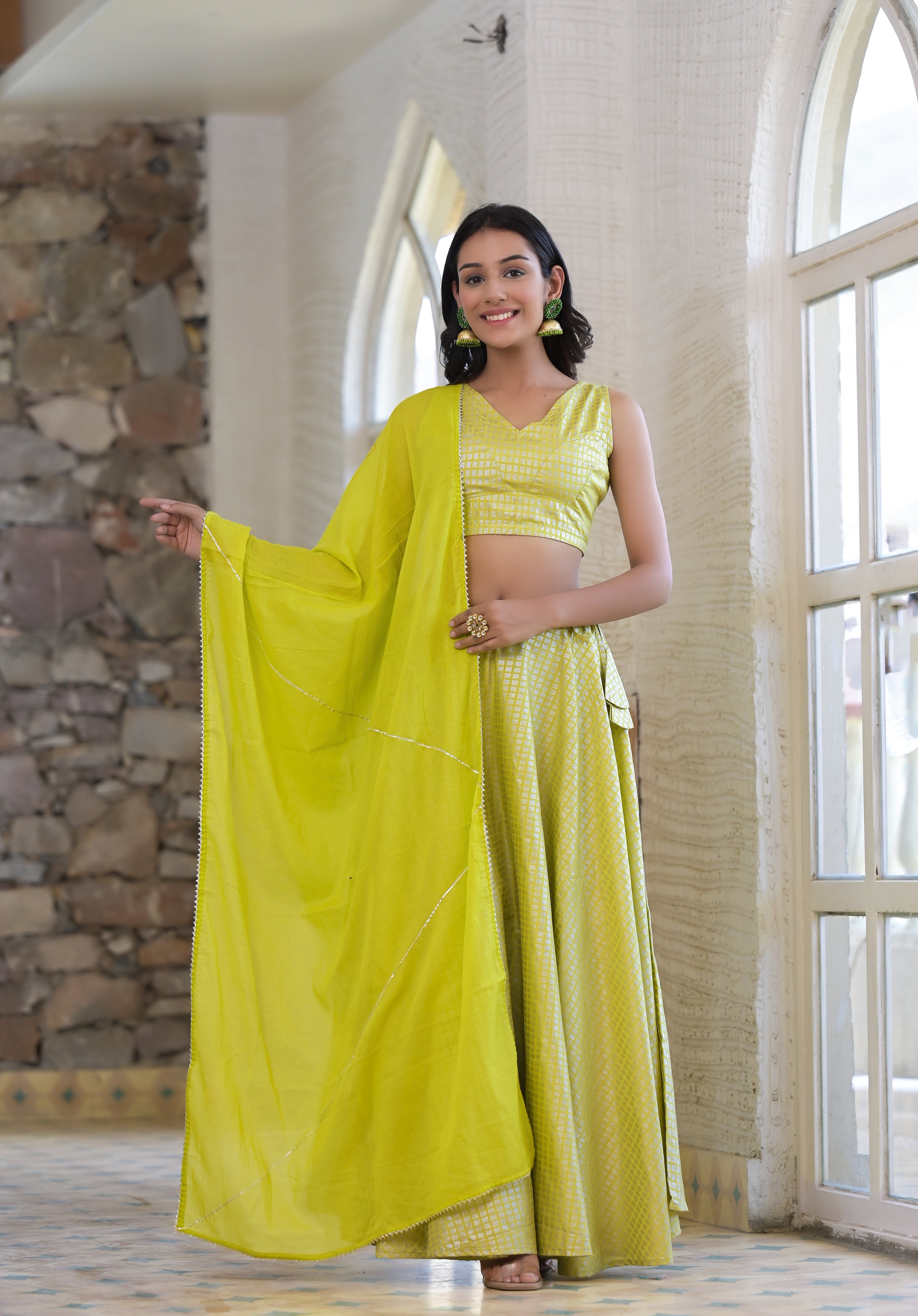 Green Foil Print Fusion Lehenga Set