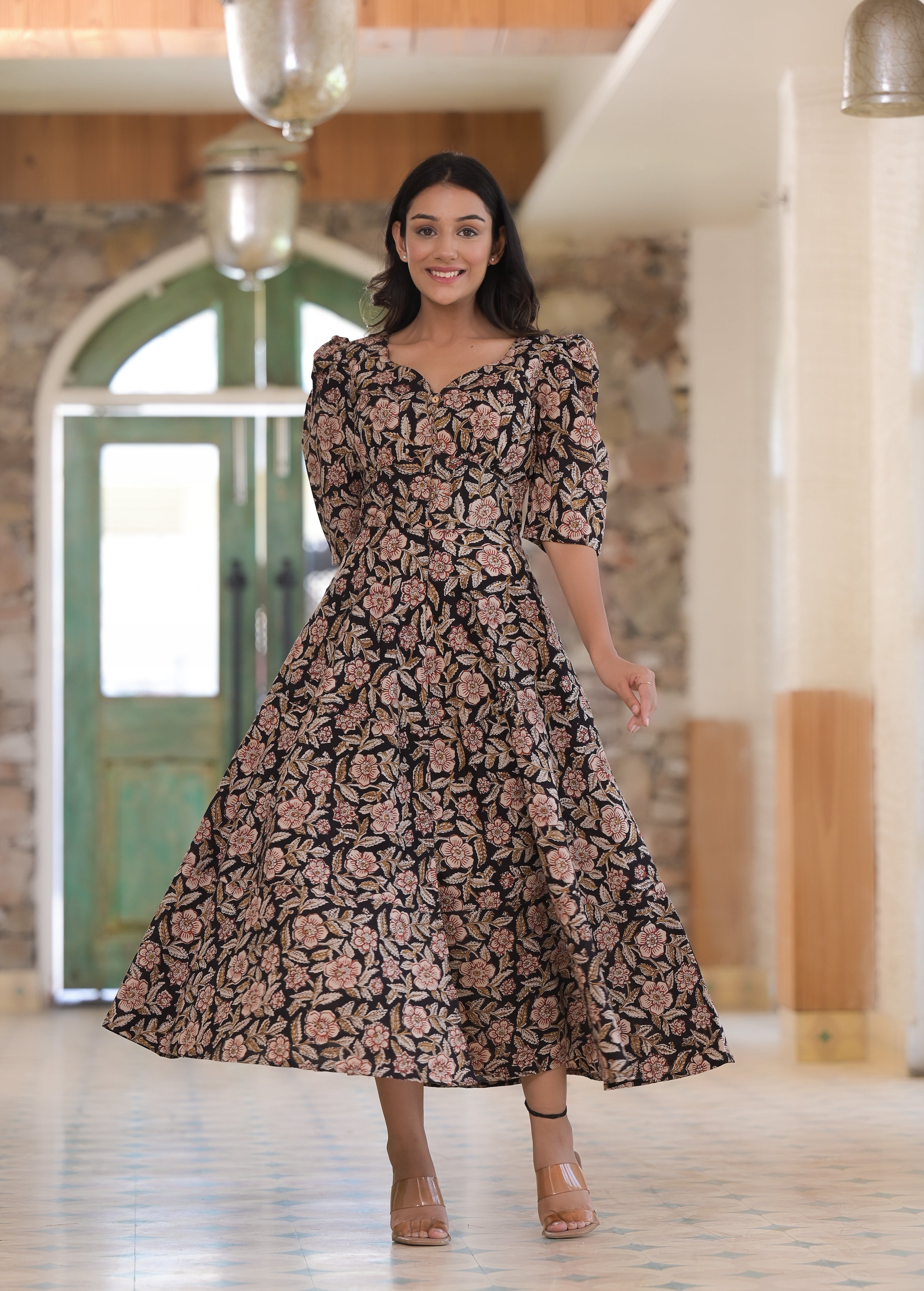 Black Floral Hand Block Cotton Dress – Hatheli