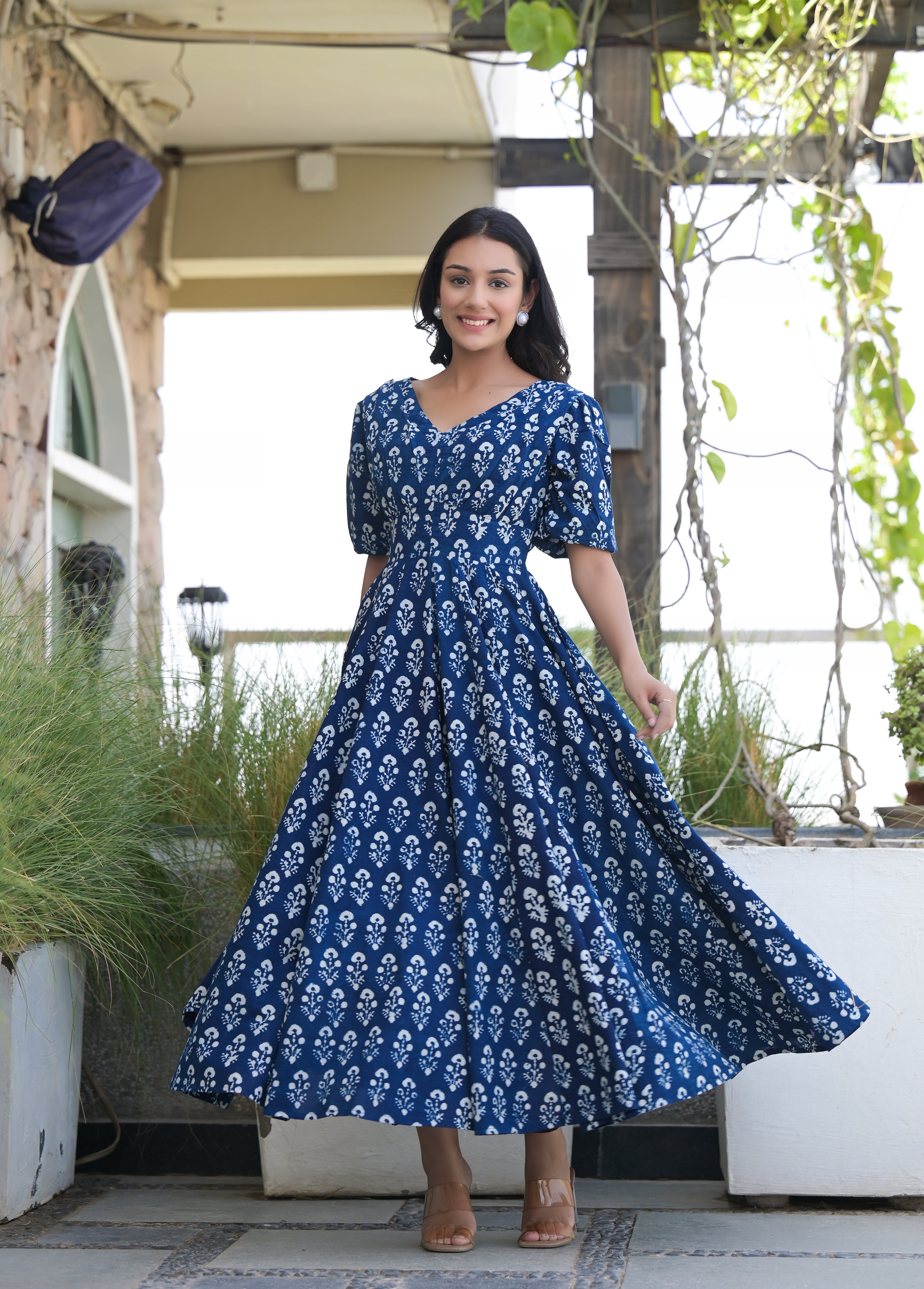 Indigo Blue Interesting Back Hand Block Cotton Dress Hatheli Indigo Blue Interesting Back Hand Block Cotton Dress Hatheli