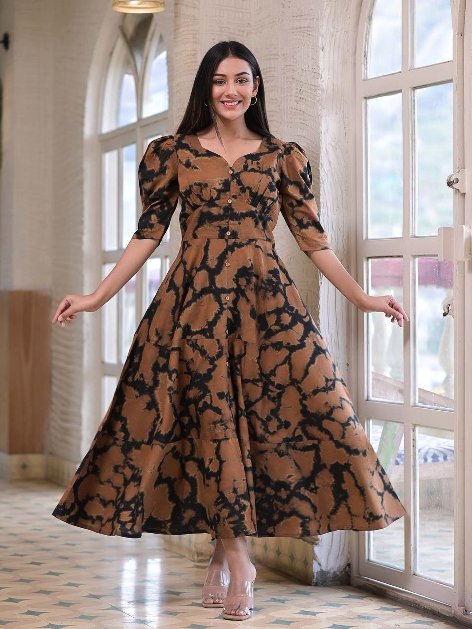 Brown & Black Tie Dye Cotton Dress Hatheli Brown & Black Tie Dye Cotton Dress Hatheli