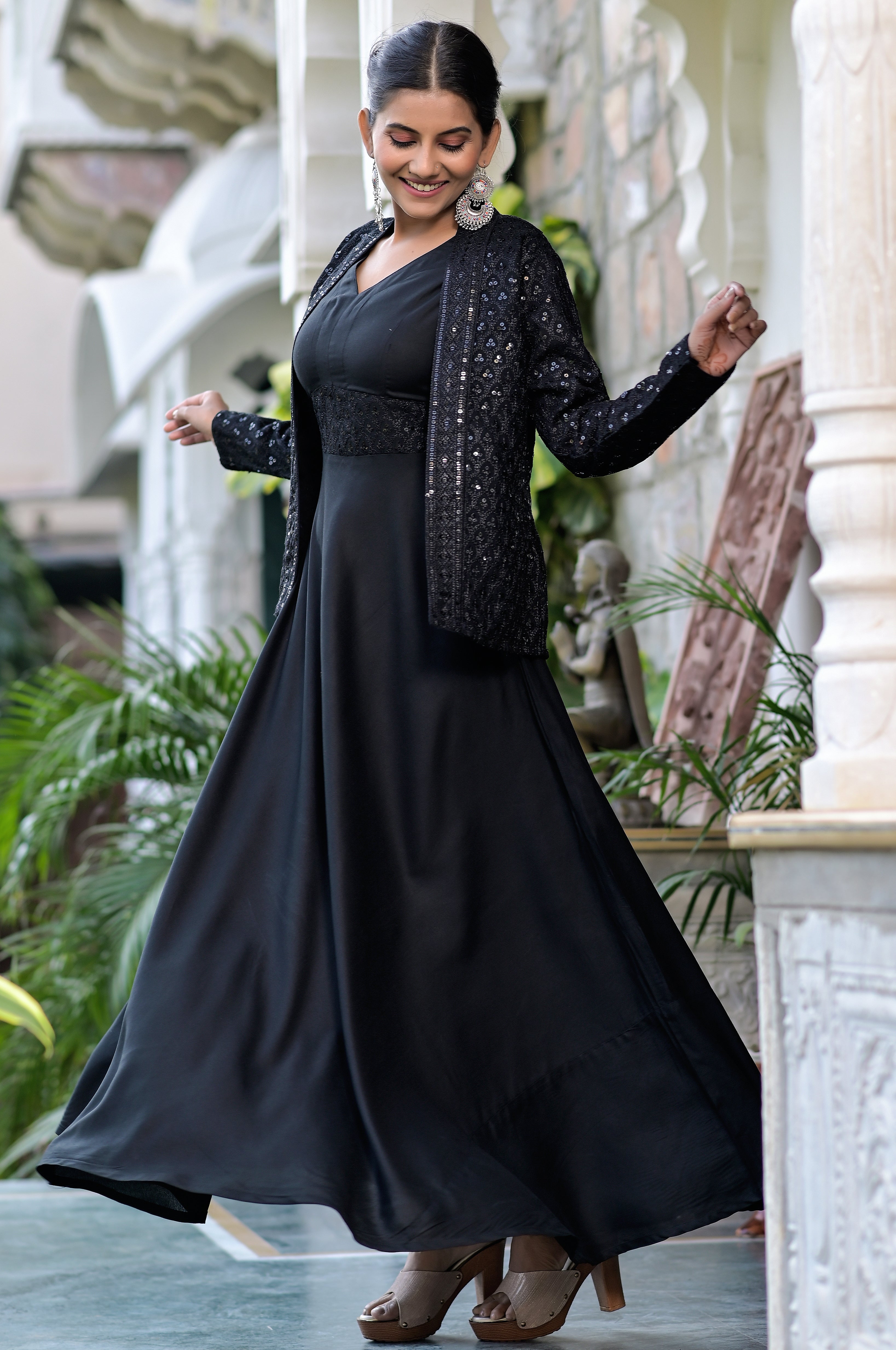 Moon Child Black Dress With Embroidered Jacket - Main Image