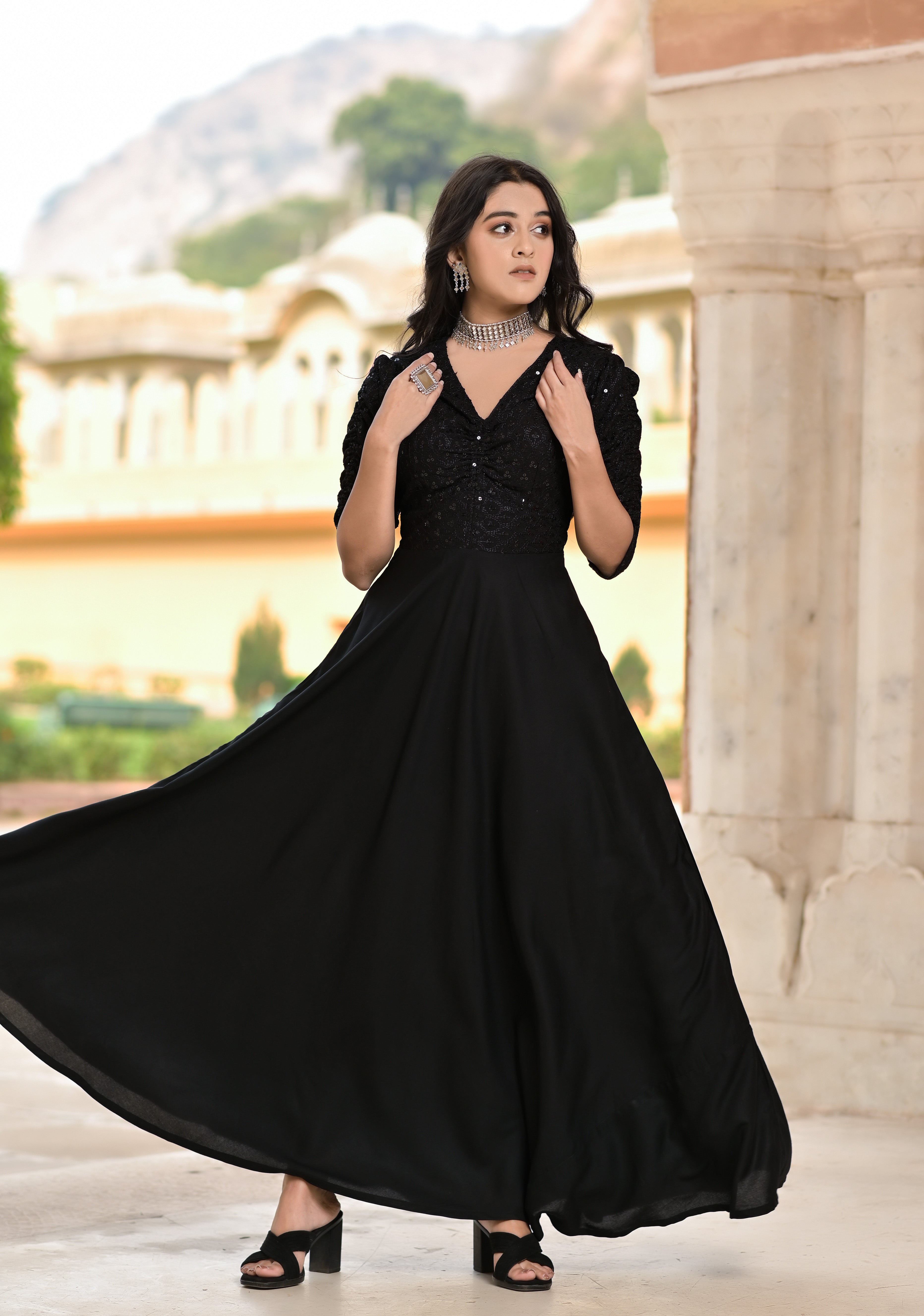Midnight Black Rayon Silhouette Dress Hatheli Midnight Black Rayon Silhouette Dress Hatheli