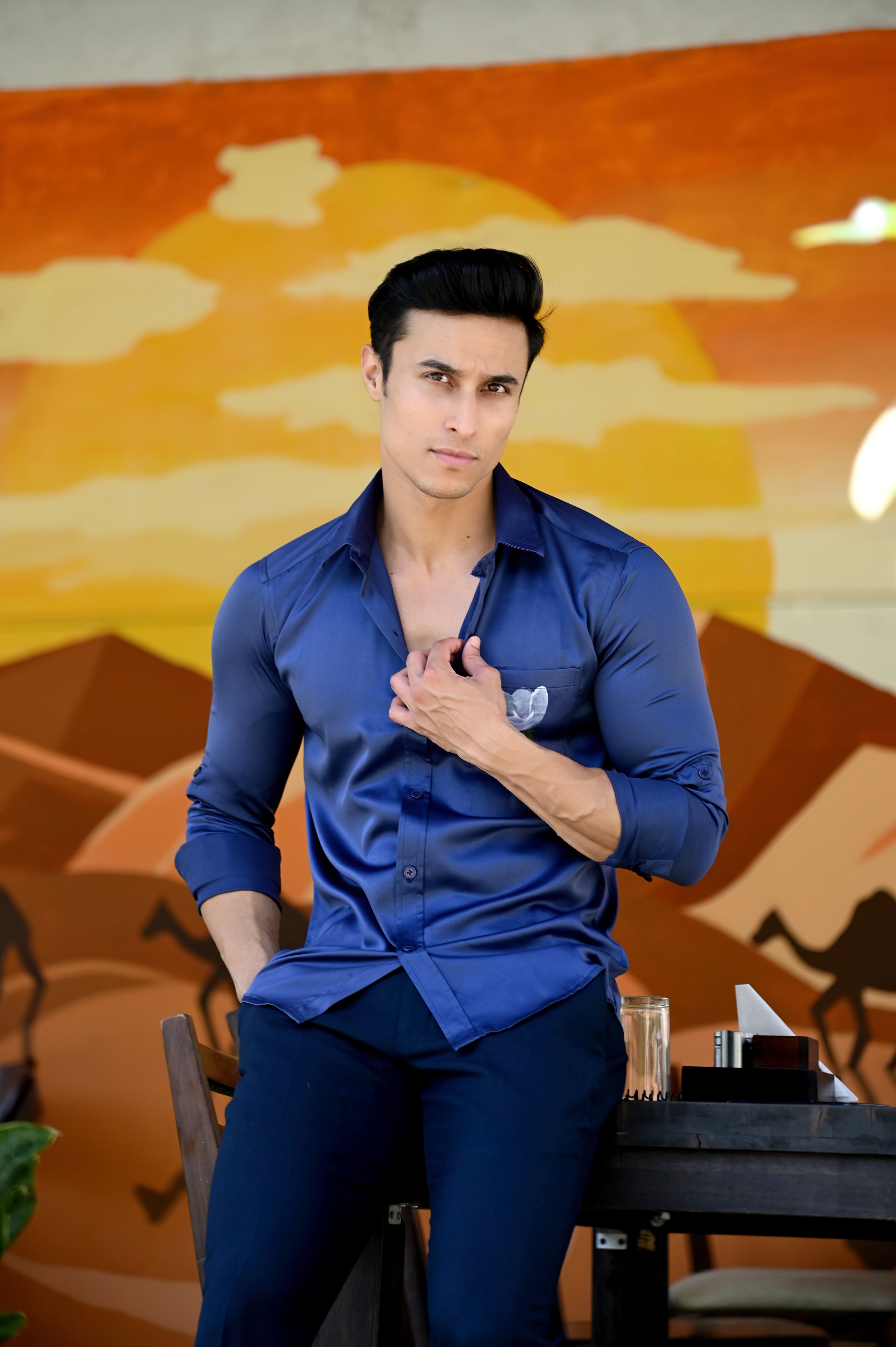 Royal Blue Satin Hand Paint Shirt