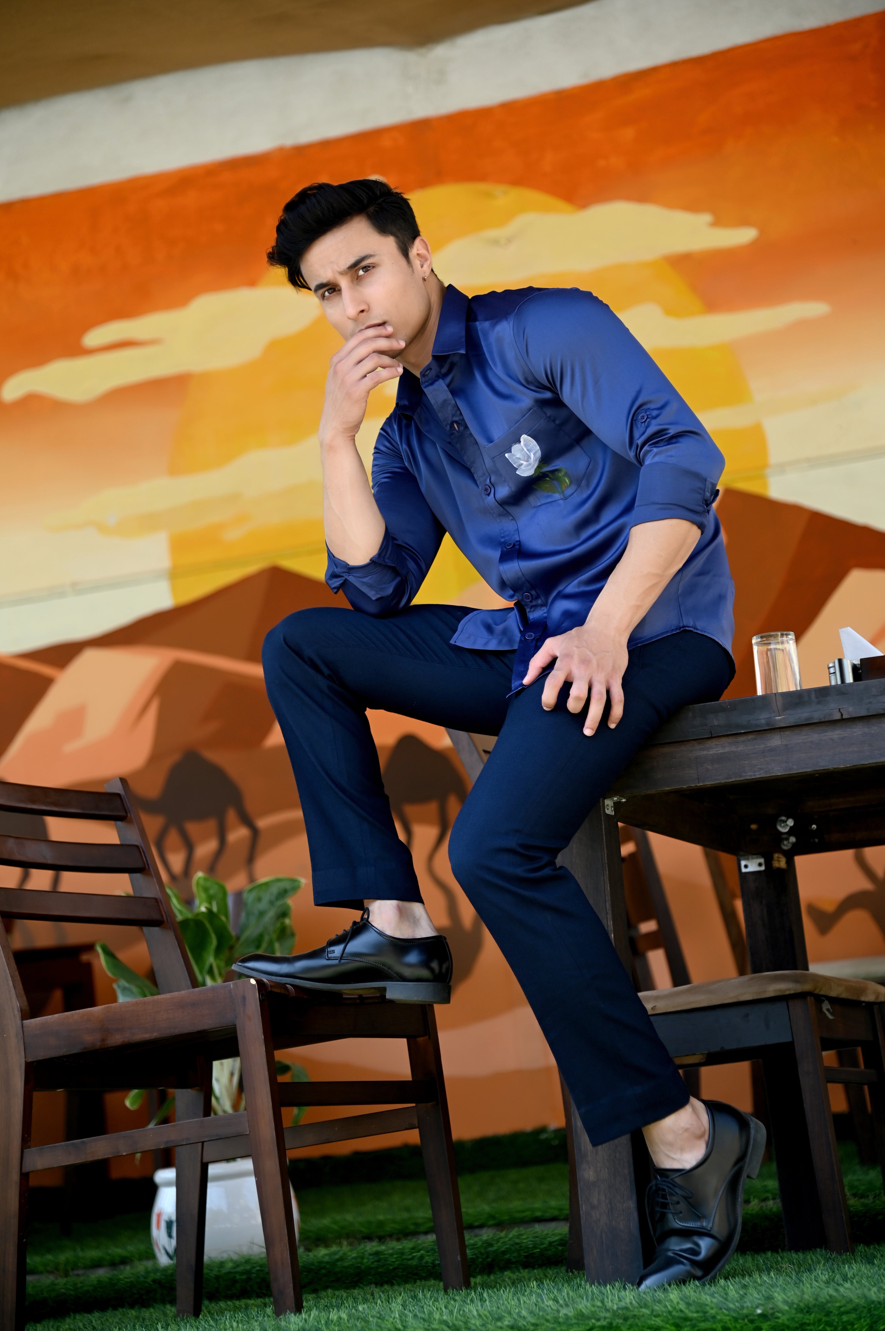 Royal Blue Satin Hand Paint Shirt