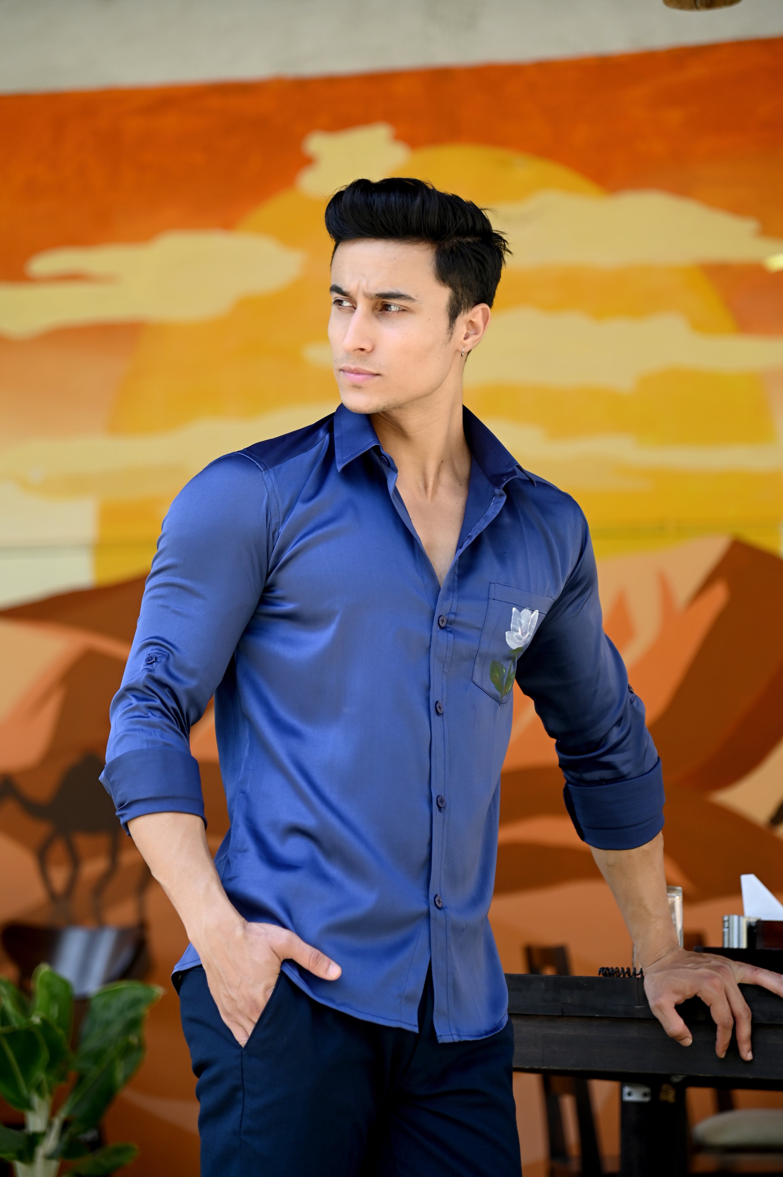 Royal Blue Satin Hand Paint Shirt