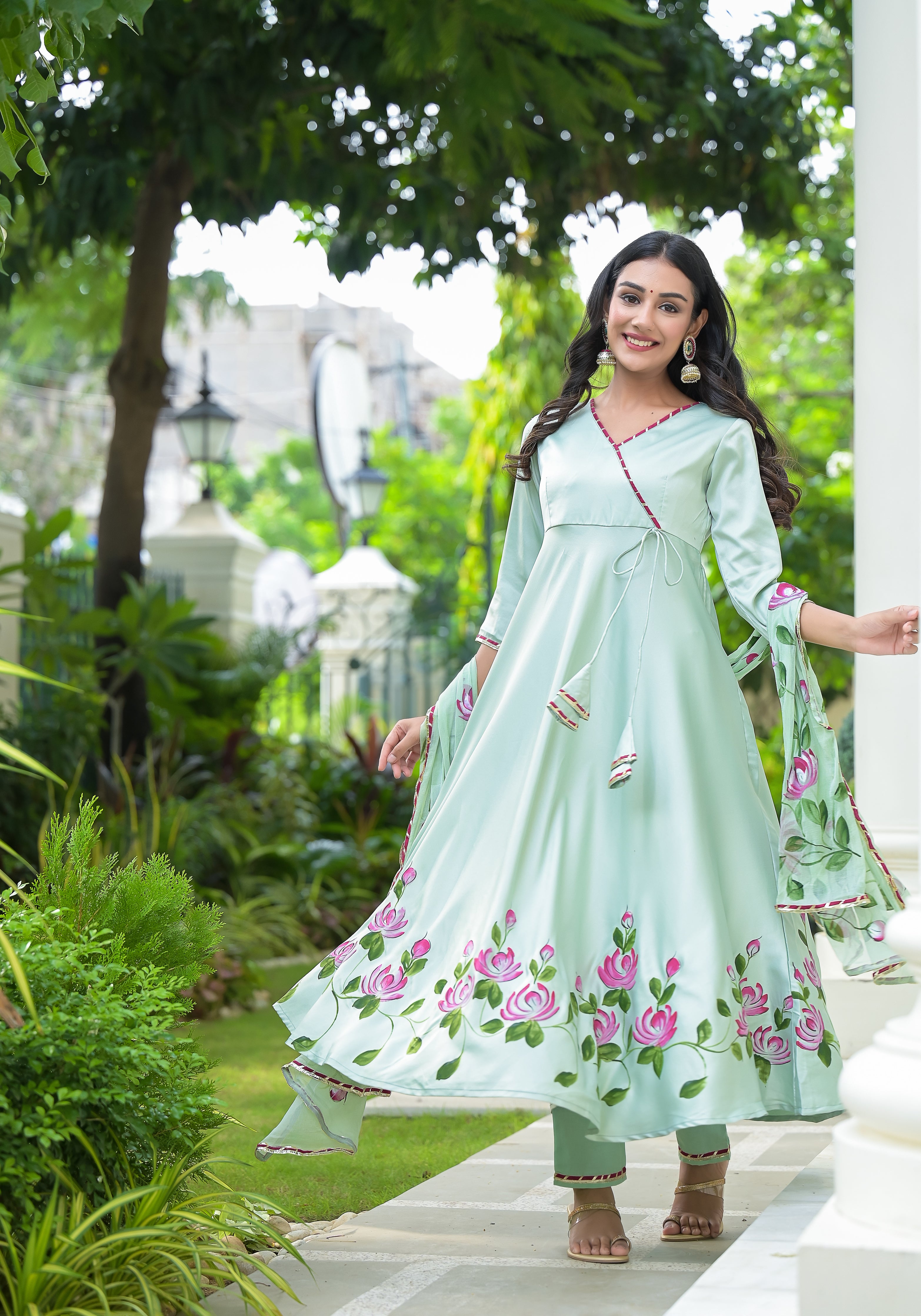 Mint Green Hand Painted Satin Anarkali Suit Set Hatheli Mint Green Hand Painted Satin Anarkali Suit Set Hatheli