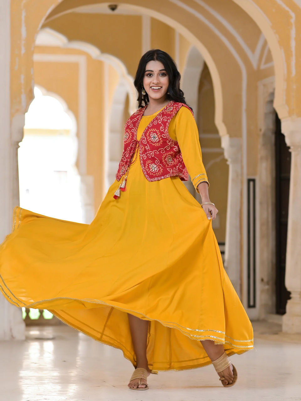 Goldenrod Yellow Flared Dress With Bandhani Mirror Work Jacket