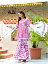 Pink Embroidered Kurta Sharara Suit Set