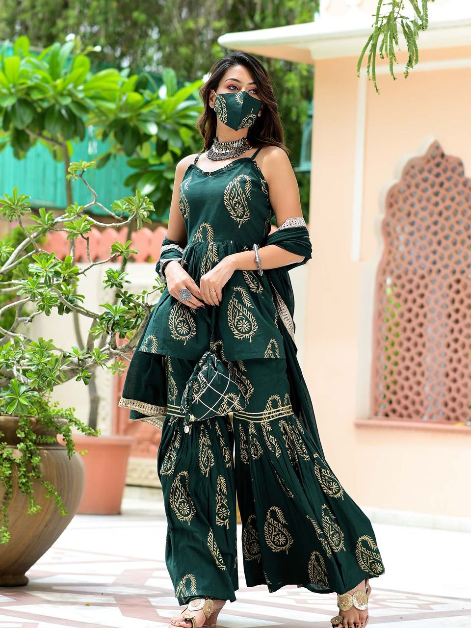 Emerald Green Hand Block Sharara Suit Set Hatheli Emerald Green Hand Block Sharara Suit Set Hatheli