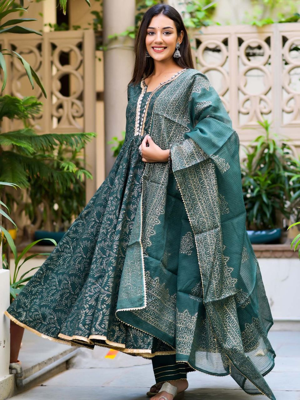 Dark Green Block Print Anarkali Suit Set