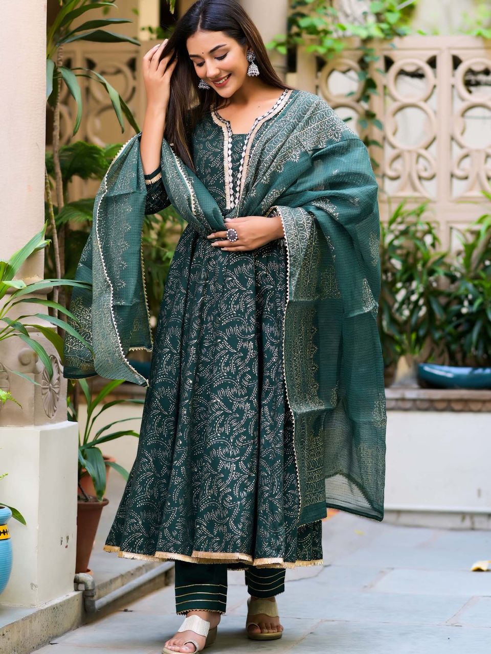 Dark Green Block Print Anarkali Suit Set