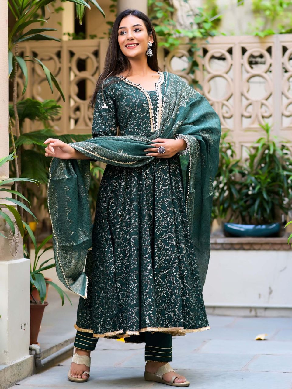 Dark Green Block Print Anarkali Suit Set