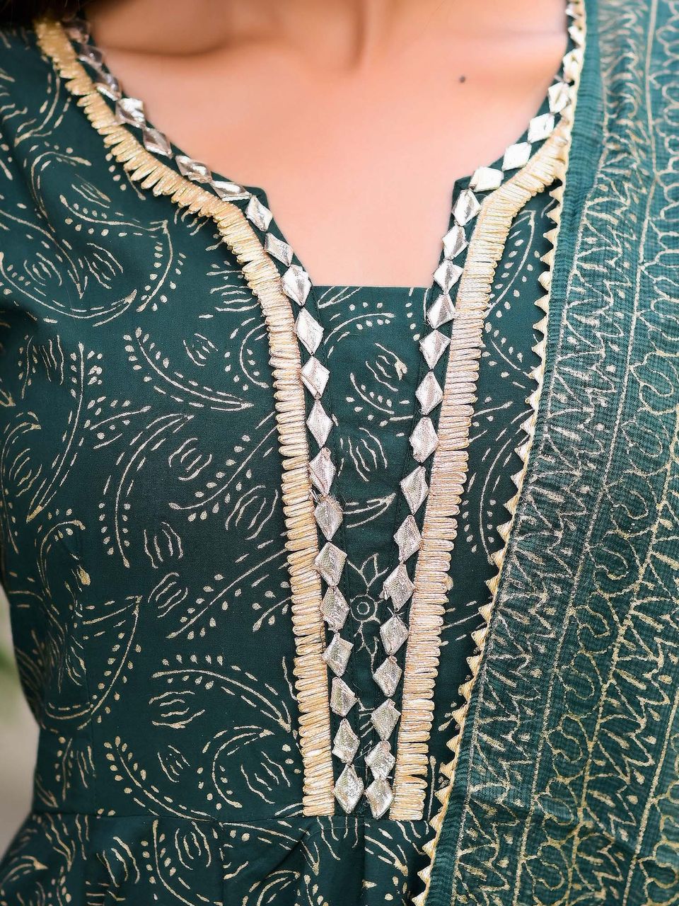 Dark Green Block Print Anarkali Suit Set