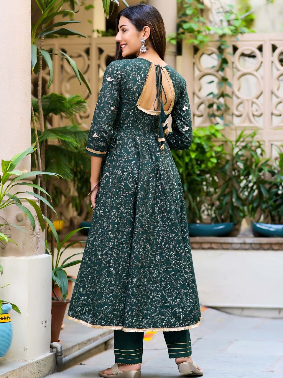 Dark Green Block Print Anarkali Suit Set