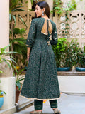 Dark Green Block Print Anarkali Suit Set