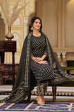 Black Ethnic Motif Printed Cotton Kurta Dupatta pant set