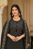 Black Ethnic Motif Printed Cotton Kurta Dupatta pant set