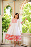 White and Red Anarkali Schiflli Kurta Dupatta Sets