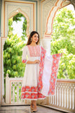 White and Red Anarkali Schiflli Kurta Dupatta Sets