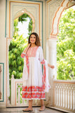 White and Red Anarkali Schiflli Kurta Dupatta Sets