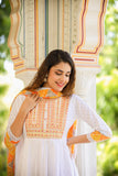 White and Orange Anarkali Schiflli Kurta Dupatta Sets
