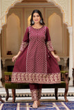 Wine Ethnic Motif Printed Cotton Kurta Dupatta pant set