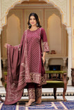 Wine Ethnic Motif Printed Cotton Kurta Dupatta pant set