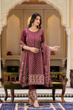 Wine Ethnic Motif Printed Cotton Kurta Dupatta pant set