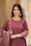 Wine Ethnic Motif Printed Cotton Kurta Dupatta pant set