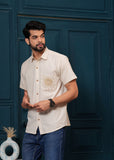 Beige Embroiderd Cotton Casual Shirt