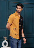 Musterd and Black Self Design Embroiderd Spread Collor Shirt