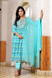 Sky Blue Cotton Yoke work Kurta Sets with Dupatta