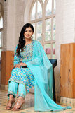 Sky Blue Cotton Yoke work Kurta Sets with Dupatta