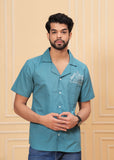 Blue Self Design Spread Collor Shirt