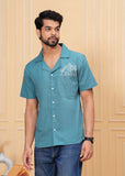 Blue Self Design Spread Collor Shirt